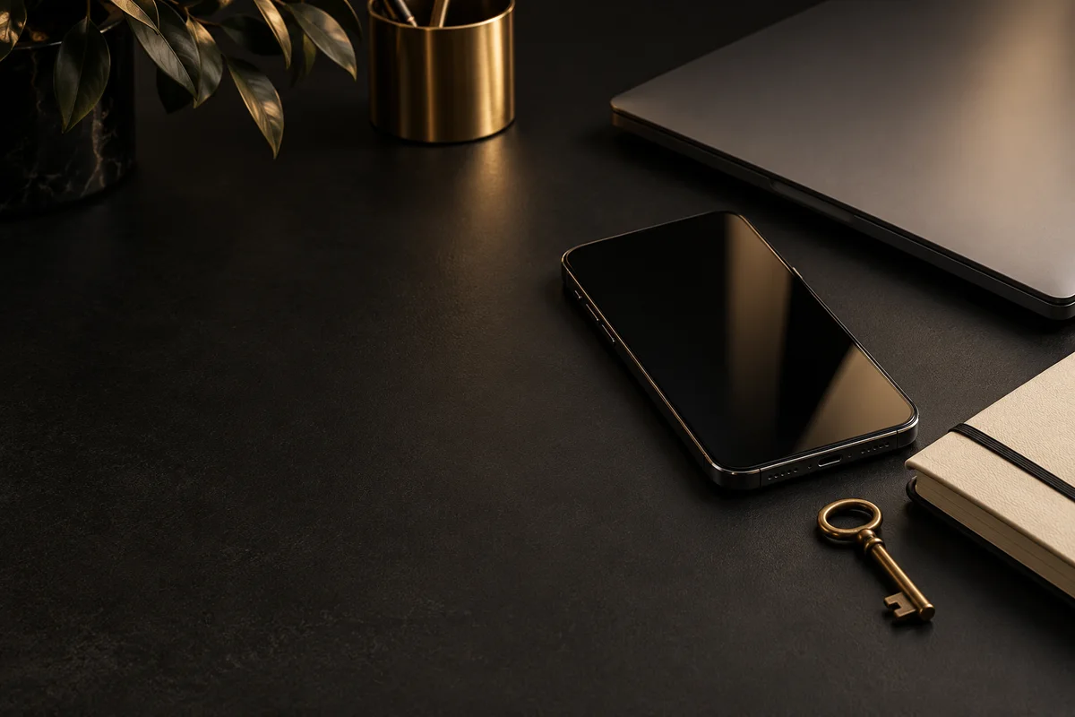 A graphite phone, laptop and brass key on a charcoal desk
