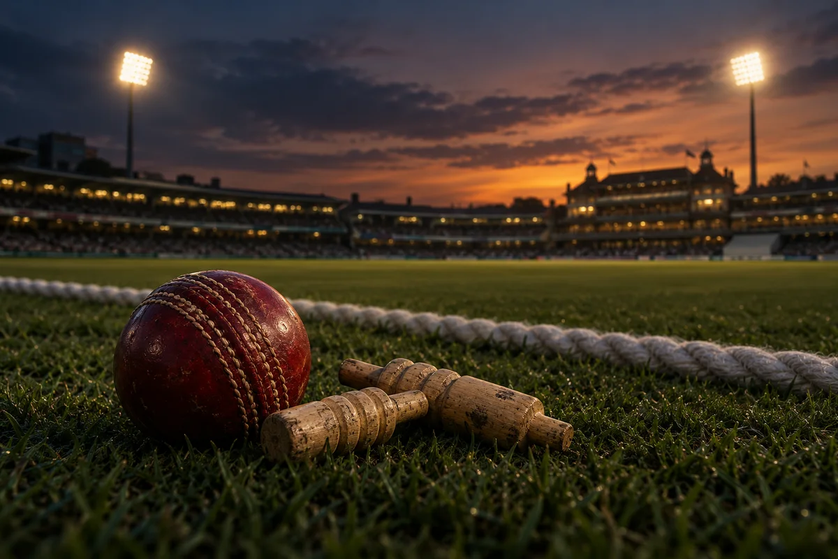 A leather cricket ball and willow bails beside a stadium boundary at dusk