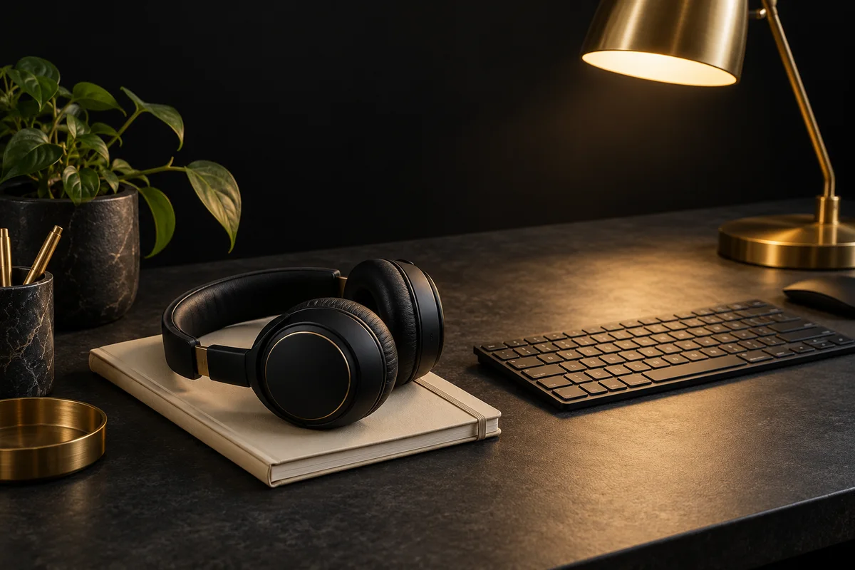 A dark headset and notebook beside a warm brass desk lamp