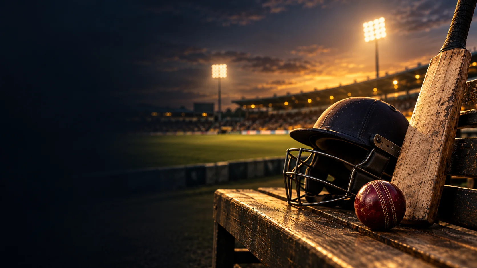Cricket bat, helmet and leather ball beside a floodlit stadium